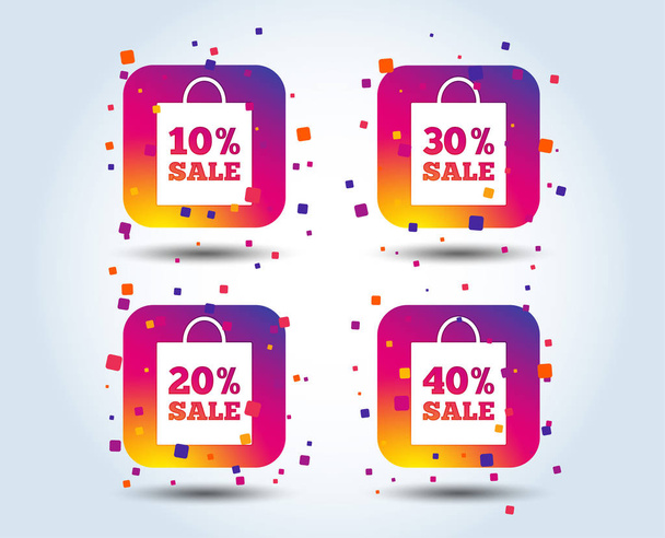 Sale bag tag icons. Discount special offer symbols. 10%, 20%, 30% and 40% percent sale signs. Colour gradient square buttons. Flat design concept. Vector - Вектор,изображение