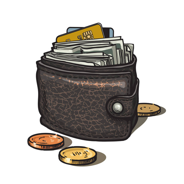 Leather wallet with money, credit card and coins. Vector illustration hand drawn in cartoon style. - Vektori, kuva