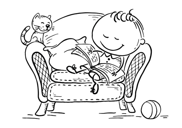 Pieni lapsi lukee kirjaa nojatuolissa kissansa kanssa.
 - Vektori, kuva