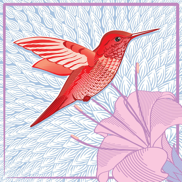 greeting card with red colibri bird and beautiful flower, vector, illustration - Vector, Image