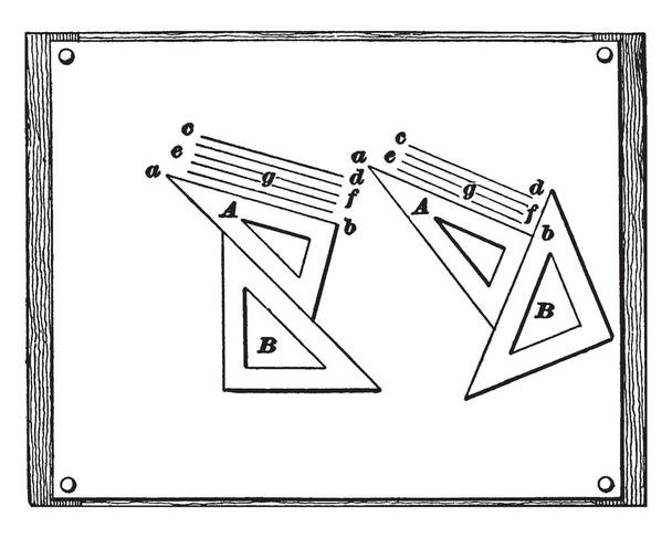 Parallelle lijnen tekenen is een paren van driehoeken, doorsnede zijn equidistante vanaf het oorspronkelijke punt, een lijn trekken waar deze twee elkaar ontmoeten, vintage lijntekening of gravure illustratie. - Vector, afbeelding
