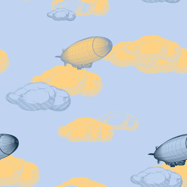 pattern with hand drawn dirigibles flying among clouds, vector, illustration  - Vector, Image