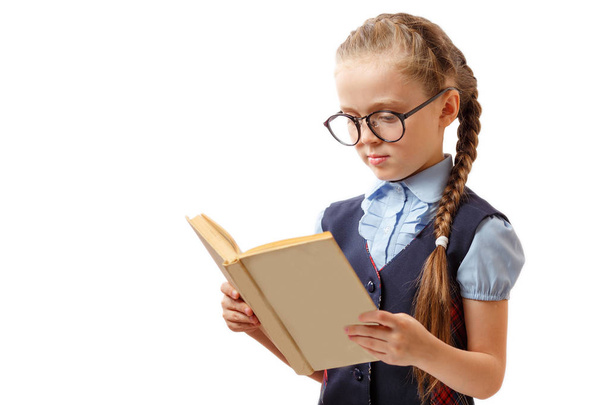 Little girl reading a book isolated on white background.  - Valokuva, kuva