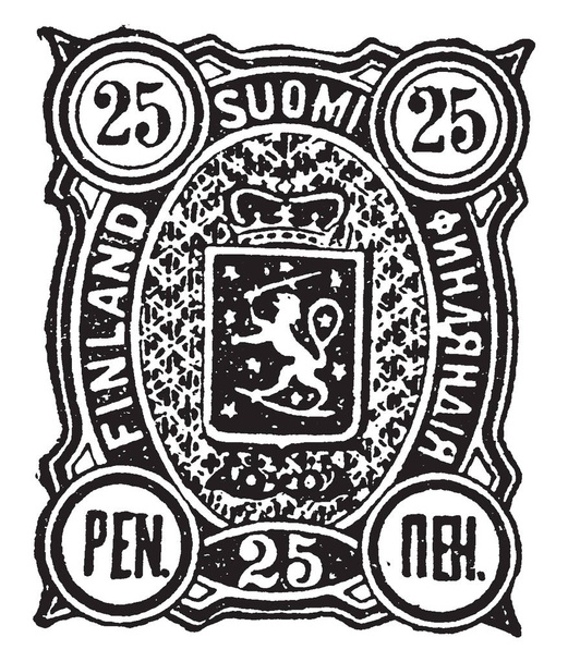 Finland 25 Pen stempel in 1890 kwestie van drie Finse eersteklas stempels getekend door en vieren het werk van Finse kunstenaar Tom van Finland, vintage lijntekening of gravure van illustratie. - Vector, afbeelding