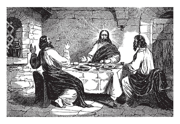 Jezus verschijnt aan zijn discipelen aan diner, vintage lijntekening of gravure illustratie. - Vector, afbeelding