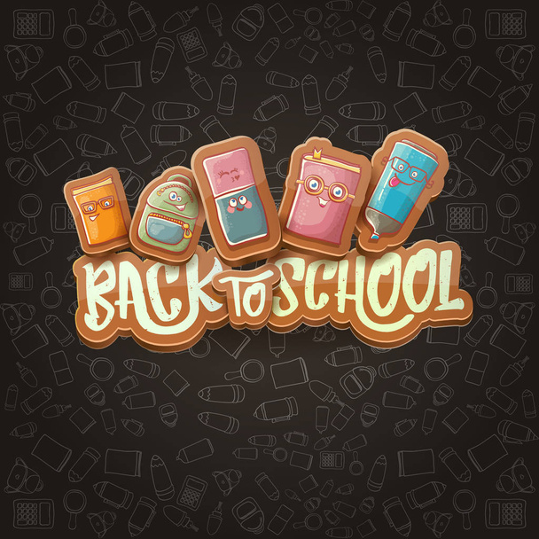 Back to school vector background template with funny cartoon supplies like pencil ,book, bag, eraser and space for text. Vector back to school cartoon label isolated on black chalkboard - Vector, Image