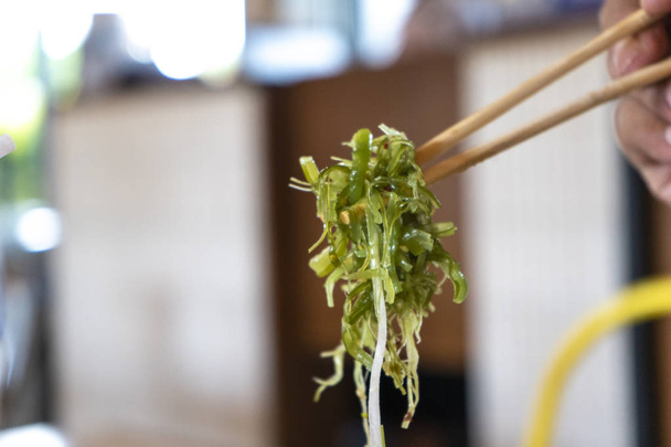 Japanese seaweed salad in chopstick  on hand 's man ready to eat. - Photo, Image