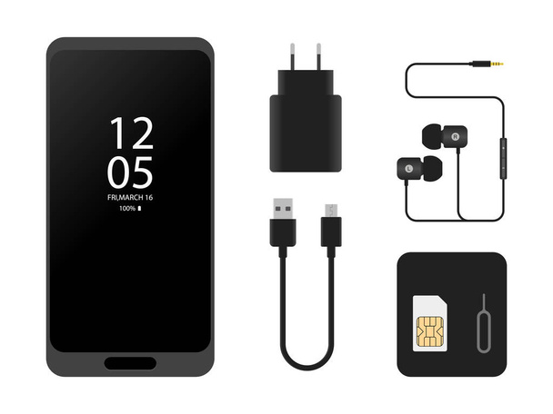Мобільний телефон з аксесуарами, зарядним пристроєм, навушниками, ключем SIM-карти
  - Вектор, зображення
