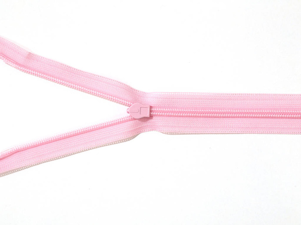 Pink zipper on white Background empty blank for text, Sun Side light - Photo, Image