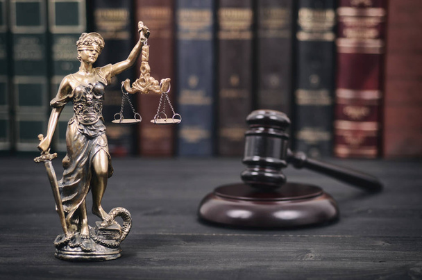 Law and Justice , Legality concept, Judge Gavel and Lady Justice on a black wooden background. - Φωτογραφία, εικόνα