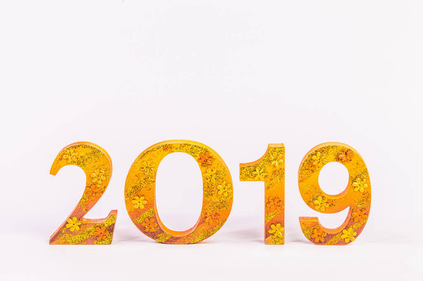 happy new year 2019 with gold writing in white background - Fotoğraf, Görsel