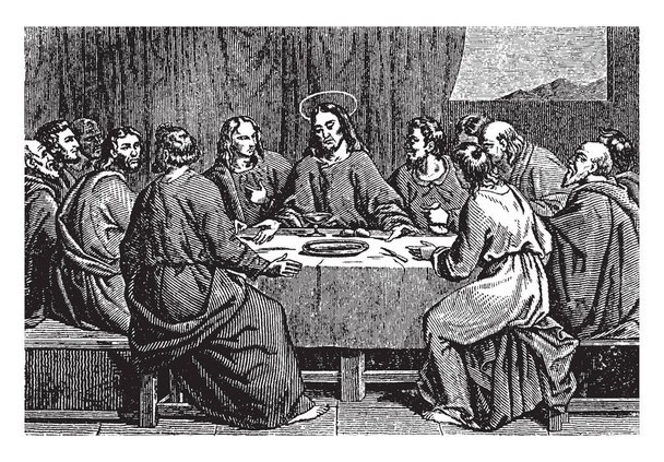 Jezus met zijn discipelen bij het laatste avondmaal, vintage lijntekening communiceren of gravure van illustratie. - Vector, afbeelding