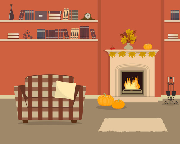 市松模様の肘掛け椅子と暖炉とオレンジ色のリビング ルーム。インテリアの秋の装飾。暖炉には黄色の葉、果実、カボチャが飾られています。画像で本棚がまた - ベクター画像