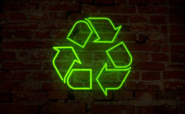 Riciclaggio icona luce neon. Lettere elettriche e simbolo sullo sfondo della parete. Ecologia e segregazione dei rifiuti Illustrazione 3D
. - Foto, immagini