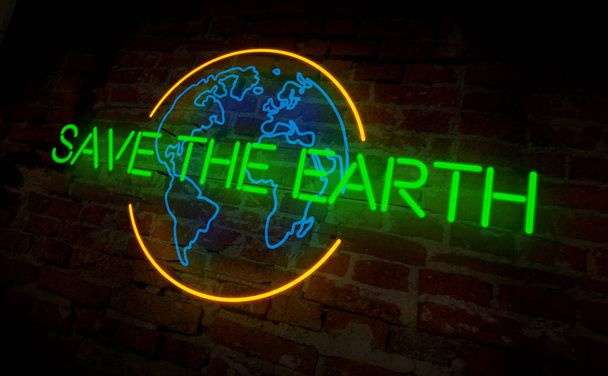 Save the earth light neon. Electric lettering on wall background. Ecology 3D illustration. - Photo, Image