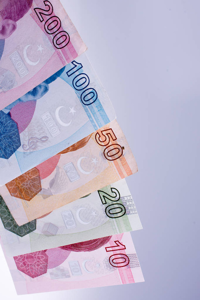 Turksh Lira banknotes side by side on white background - Valokuva, kuva