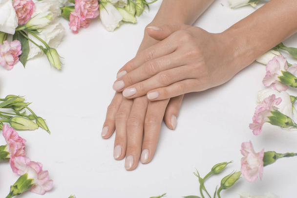 Manicure. Beautiful and delicate hands on white background with pink flowers. - Foto, Imagen