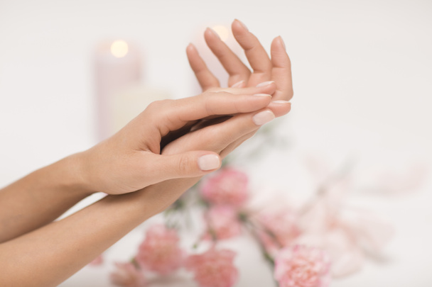 Μανικιούρ. Όμορφη και ευαίσθητα χέρια σε λευκό φόντο με ροζ λουλούδια. - Φωτογραφία, εικόνα