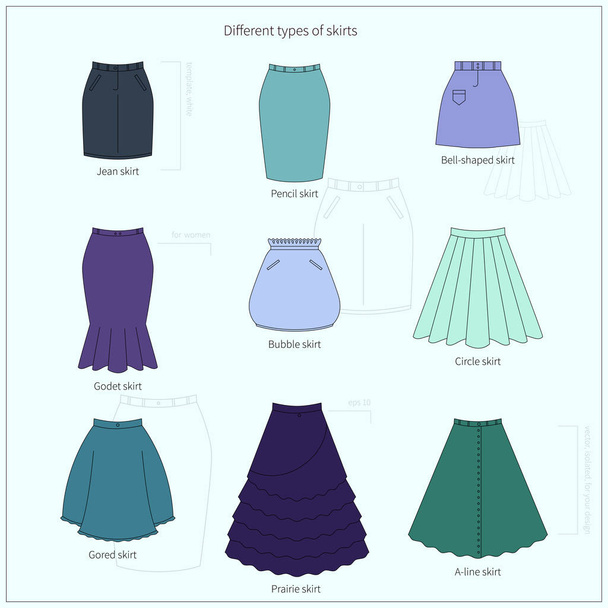 Conjunto de diferentes tipos de faldas de colores brillantes, ilustración simple vector plano
 - Vector, imagen