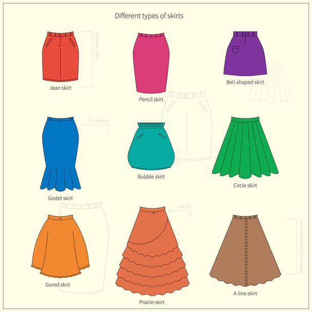 Set of different types of bright colorful skirts, Simple flat vector illustration - Vektör, Görsel