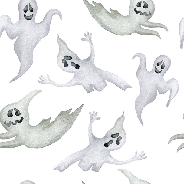 Seamless pattern with halloween ghosts on white background. Hand drawn watercolor illustration. - Photo, Image