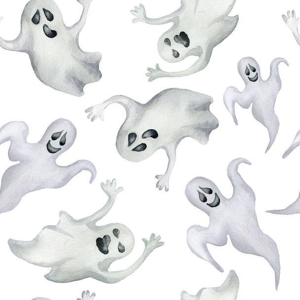 Seamless pattern with halloween ghosts on white background. Hand drawn watercolor illustration. - Fotoğraf, Görsel