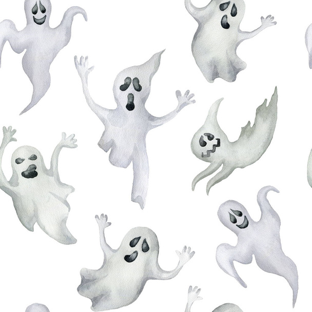 Seamless pattern with halloween ghosts on white background. Hand drawn watercolor illustration - Фото, изображение