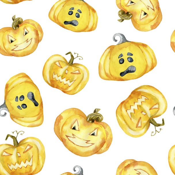 Seamless pattern with halloween pumpkins on white background. Hand drawn watercolor illustration. - Foto, Imagem
