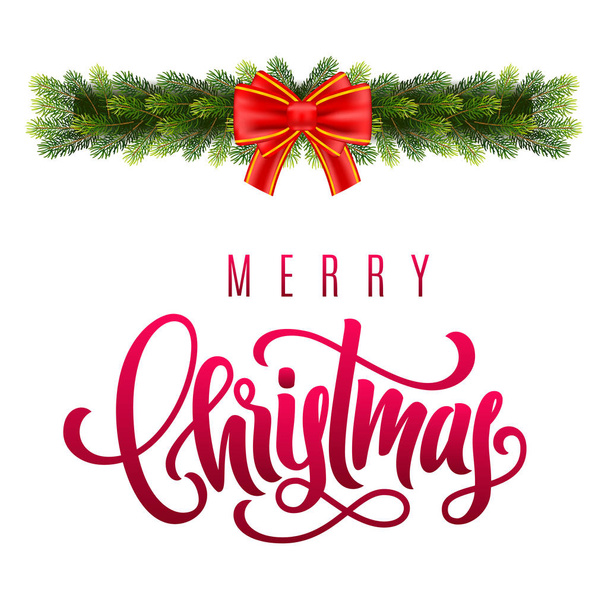 Merry Christmas hand belettering op begroeting achtergrond met een spar boomtakken en decoraties. Sjabloon voor een spandoek, poster, uitnodiging - Vector, afbeelding