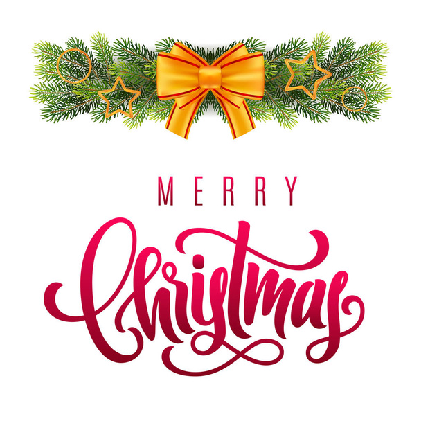 Merry Christmas hand belettering op begroeting achtergrond met een spar boomtakken en decoraties. Sjabloon voor een spandoek, poster, uitnodiging - Vector, afbeelding