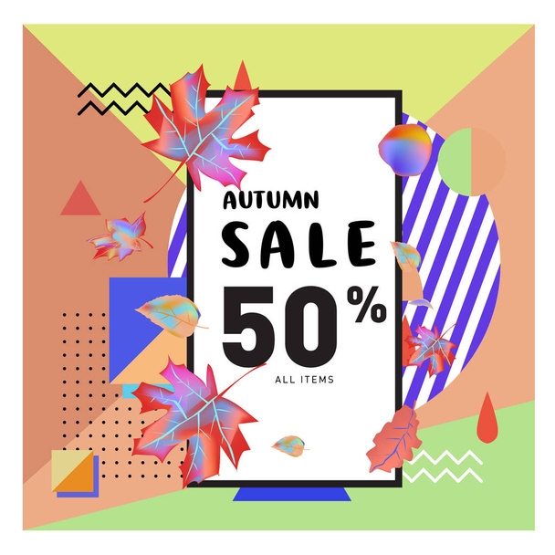 Autumn sale memphis style web banner. Fashion and travel discount poster. Vector holiday Abstract colorful illustration with special offer and promotion. - Vector, afbeelding