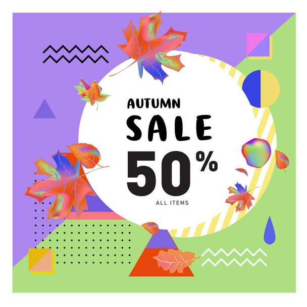 Autumn sale memphis style web banner. Fashion and travel discount poster. Vector holiday Abstract colorful illustration with special offer and promotion. - Vettoriali, immagini