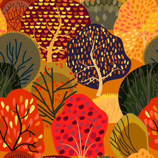 Seamless background with stylized autumn trees. Forest bright pattern. - Vektor, Bild