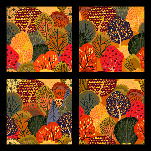 Set of seamless backgrounds with stylized autumn trees. - Vektor, Bild