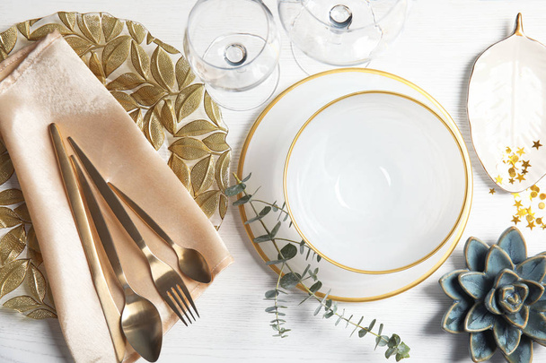 Elegant table setting on light background, top view - Photo, Image