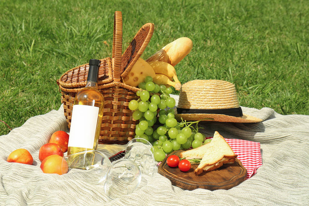 Basket with food and straw hat on blanket in park. Summer picnic - Foto, afbeelding