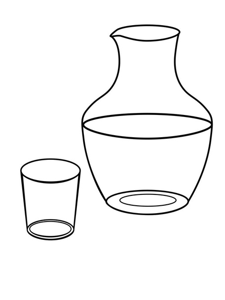 Jug and a glass for water. Dishes. Glass decanter and glass linear drawing for coloring - Vektor, Bild