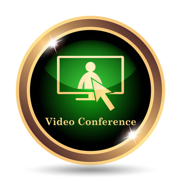Videoconferenza, icona della riunione online. Pulsante Internet su sfondo bianco
 - Foto, immagini
