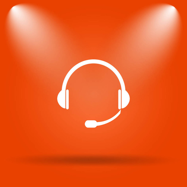 ヘッドフォンのアイコン。オレンジ色の背景上のインター ネット ボタン - 写真・画像