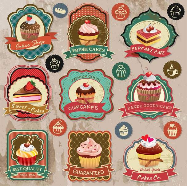 Sammlung von Retro-Vintage verschiedenen Cupcakes Etiketten, Abzeichen und Symbole - Vektor, Bild