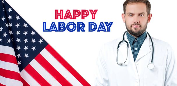 Happy Labor Day. United States flag. Doctor on white background - Φωτογραφία, εικόνα