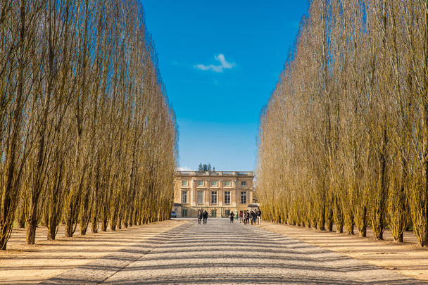 Paris, Fransa - Mart, 2018: Bahçe hemen önce bahar soğuk bir kış günü Versailles Sarayı - Fotoğraf, Görsel