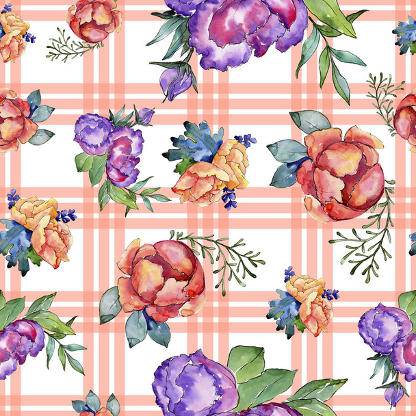 Watercolor colorful bouquet flower. Floral botanical flower. Seamless background pattern. - Фото, изображение
