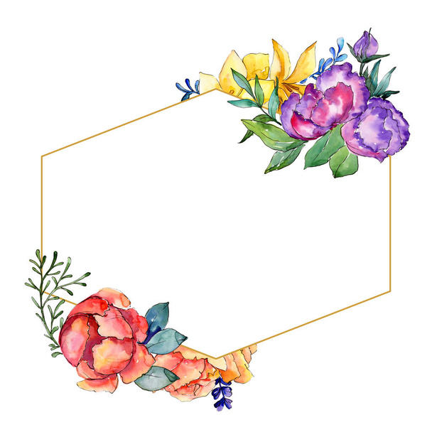 Akwarela bukiet kolorowy kwiat. Botaniczny kwiat kwiatowy. Ramki granicznej ornament square. - Zdjęcie, obraz