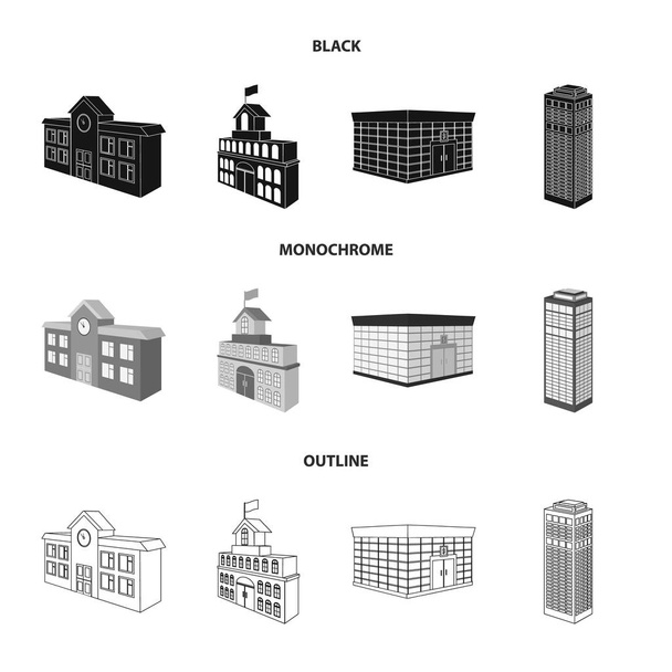 銀行のオフィス、高層ビル、市役所の建物、大学の建物。建築・構造黒、白黒、アウトライン スタイルのベクトル シンボル ストック イラストの web コレクションのアイコンを設定. - ベクター画像