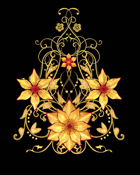 3d rendering. Golden stylized flowers, delicate shiny curls, paisley element. Decorative corner, pattern. - Zdjęcie, obraz