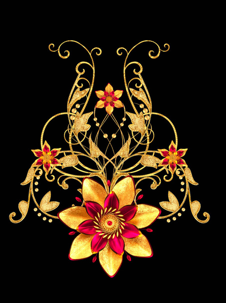 3d rendering. Golden stylized flowers, delicate shiny curls, paisley element. Decorative corner, pattern. - Valokuva, kuva