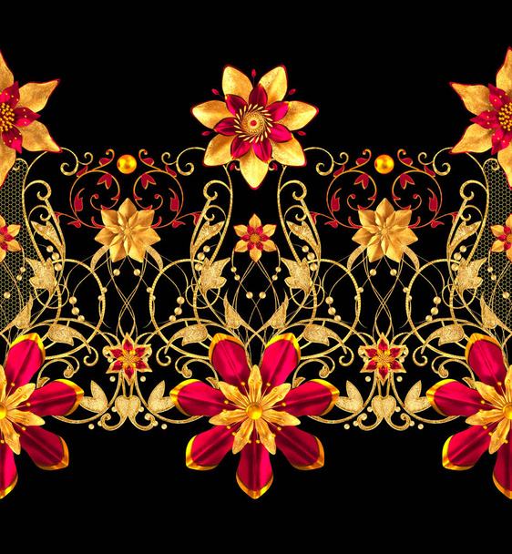 3d rendering. Golden stylized flowers, delicate shiny curls, paisley element, seamless pattern. Horizontal floral border. - Photo, Image