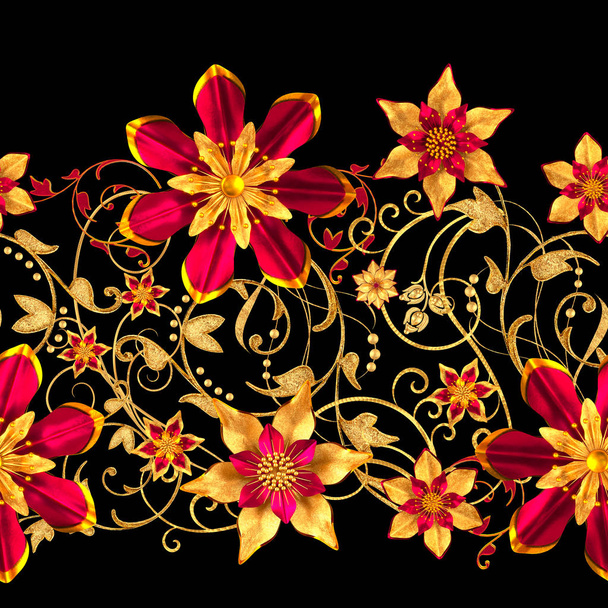 3d rendering. Golden stylized flowers, delicate shiny curls, paisley element, seamless pattern. Horizontal floral border. - Photo, image
