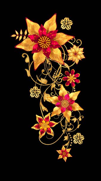 3d rendering. Golden stylized flowers, delicate shiny curls, paisley element. Decorative corner, pattern. - Fotó, kép